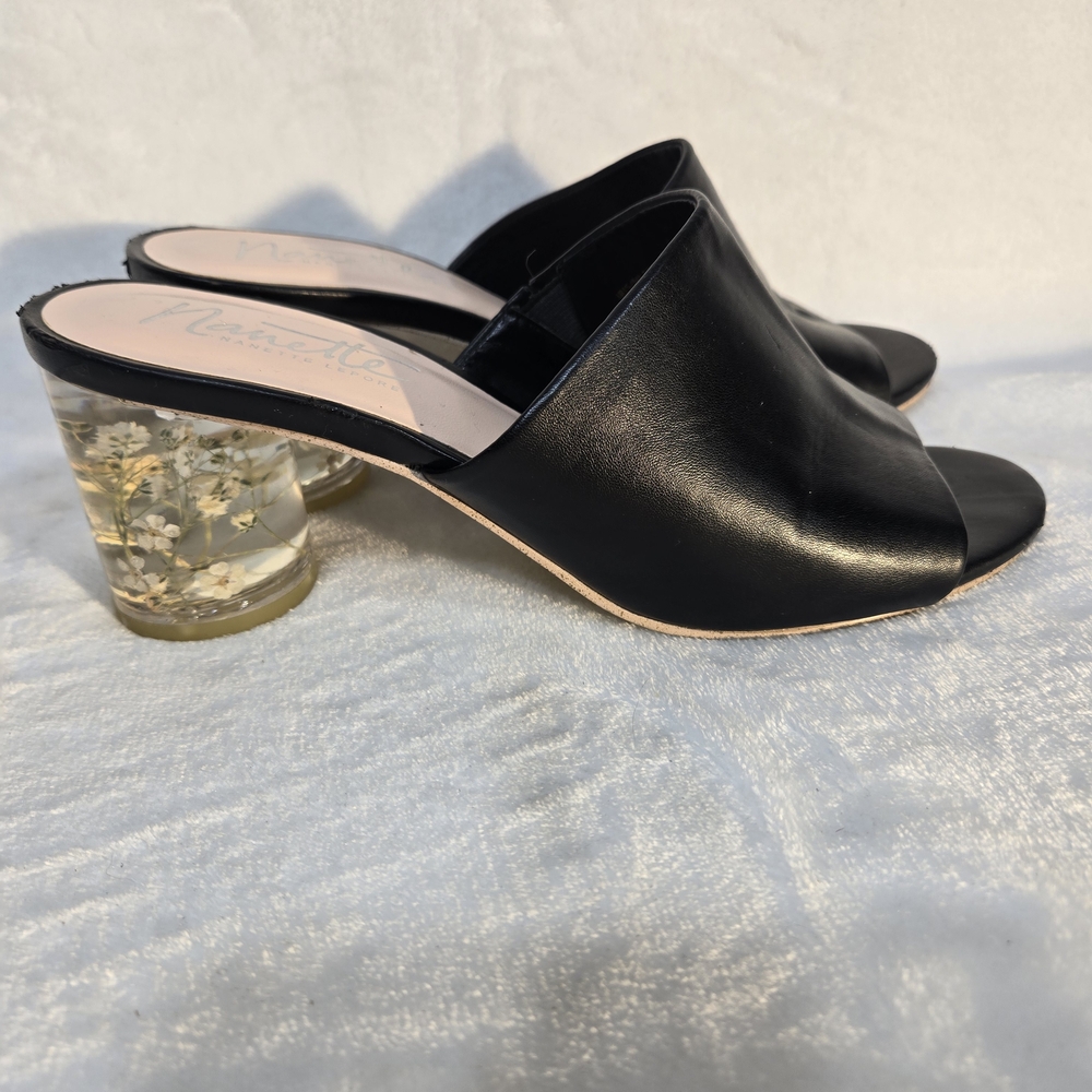 Black Slide Sandals with Floral Heel